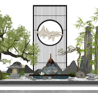 86新中式庭院景观小品 庭院小品 石头滨水 陶罐组合  拴马石 石灯 假山石头 竹子 景观树 佛像 隔断屏风  泰山石 太湖石su草图模型下载