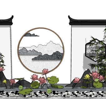 88新中式庭院景观 中式禅意景墙 景观小品  荷花荷叶池组合 石灯灯具 石头组合 鹅卵石 竹子组合 绿植组合su草图模型下载