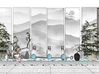 89新中式景墙水池 隔断 石狮 陶罐植物 景观小品 中式...