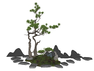 <em>松树</em>石景 假山石头su草图模型下载