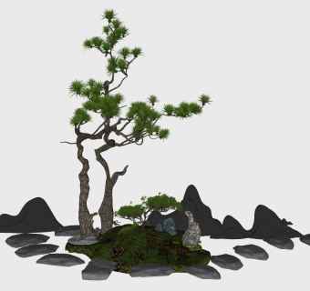 90新中式枯山水景观小品  禅意庭院景观 苔藓  汀步 叠石 松树石景 假山石头su草图模型下载