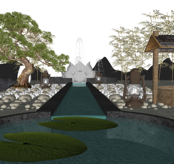 91新中式松树景观小品 莲花喷泉水景 假山石头 禅意石头佛像 中式禅意古井 木桶水桶 工矿灯 陶罐绿竹组合 荷花荷叶池组合 假山石头su草图模型下载