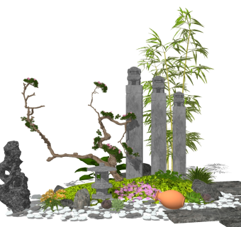 92新中式禅意庭院景观  陶罐 竹子组合 禅意枯山水园艺小品 景观树绿植石头沙子  拴马石 石灯 假山石头 太湖石 鹅卵石  中式禅意摆件su草图模型下载