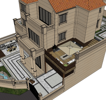96别墅花园 欧式庭院景观  中式亭子 片石假山流水 烧烤台 水景景观 休闲沙发 陶罐组合 遮阳扇su草图模型下载