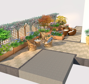 100美式风格别墅花园景观 庭院 葡萄架 陶罐 花箱组合su草图模型下载