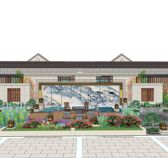 104 中式风格住宅景观 中式高档别墅售楼处会所景观设计 中式庭院园林 中式庭院景观 造型雨花石铺装  玄关景墙 喷泉水景 假山石头 中式小花园景观 汀步 围栏 叠石 石景su草图模型下载