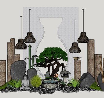 106新中式松树景观小品 莲花喷泉水景 假山石头 禅意石头佛像 禅意庭院景观小品 花瓶景墙 陶罐组合 竹编吊灯su草图模型下载