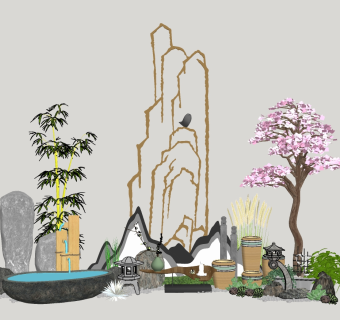 107新中107新中式禅意庭院景观 禅意枯山水园艺小品 景观树绿植石头沙子 拴马石 石灯 假山石头 泰山石 太湖石 竹子 景观树 佛像 鹅卵石 中式禅意摆件挂饰 松树 竹子组合 荷花水缸式松树景观小品