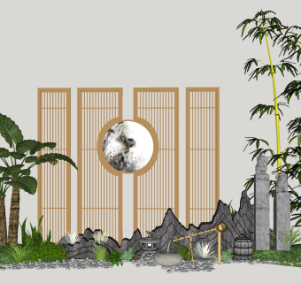 108新中式禅意庭院景观 禅意枯山水园艺小品 景观树绿植石头沙子  拴马石 石灯 假山石头 泰山石 太湖石 竹子 景观树 佛  鹅卵石  中式禅意摆件挂饰  松树 竹子组合 水缸 禅意屏风隔断su草图