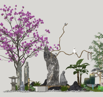 113新中式禅意庭院景观 禅意枯山水园艺小品泰山石 太湖石 景观树绿植石头沙子  拴马石 石灯 假山石头 竹子 景观树 佛 竹子组合  中式禅意摆件 中式水缸su草图模型下载