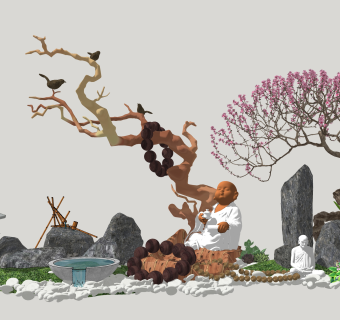 114新中式禅意庭院景观 禅意枯山水园艺小品泰山石 太湖石 景观树绿植石头沙子  拴马石 石灯 假山石头 竹子 景观树 佛像 中式禅意摆件 中式水缸su草图模型下载