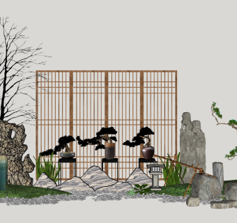 115新中式禅意庭院景观 禅意枯山水园艺小品 景观树绿植石头沙子  拴马石 石灯 假山石头 泰山石 太湖石 竹子 景观树 佛  鹅卵石  中式禅意摆件挂饰  松树 竹子组合 水缸 禅意屏风隔断su草图