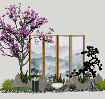 117新中式禅意庭院景观 禅意枯山水园艺小品 景观树绿植石头沙子  拴马石 石灯 假山石头 泰山石 太湖石 竹子 景观树 佛  鹅卵石  中式禅意摆件挂饰  松树 竹子组合 荷花水缸 禅意屏风隔断su