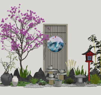 120禅意庭院景观小品  新中式禅意隔断  中式庭院景观 陶罐组合  拴马柱 竹子组合  屏风隔断 跌水景观 枯枝石头组合su草图模型下载