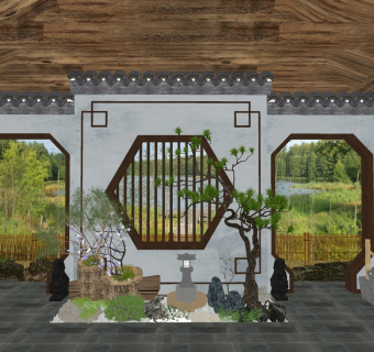 121中式庭院景观 造型雨花石铺装 菜地 玄关景墙 枯山水石 矮松 荷花荷叶池组合 竹子组合su草图模型下载