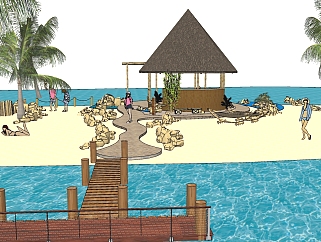 07东南亚沙滩景观 东南亚亭子 马尔代夫度假 沙滩海边度假 棕榈树 海景度假su草图模型下载