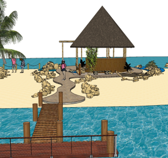 07东南亚沙滩景观 东南亚亭子 马尔代夫度假 沙滩海边度假 棕榈树 海景度假su草图模型下载