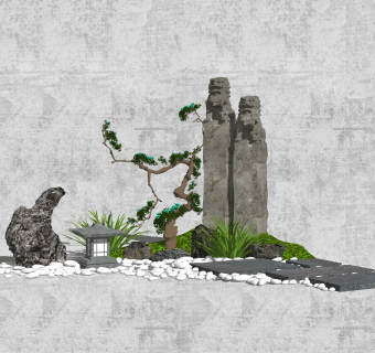 64中式 园艺小品 庭院景观 景观小品 拴马石 景观雕塑 叠石 绿松矮松su草图模型下载