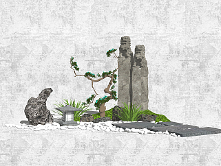 64中式 园艺小品 庭院景观 景观小品 拴马石 景观雕塑 叠石 绿松矮松su草图模型下载