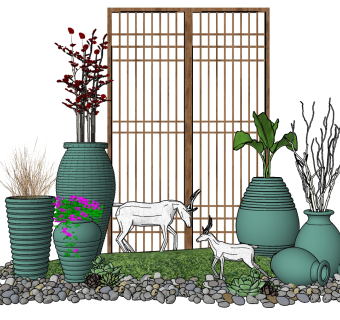 07禅意小品  新中式风格禅意庭院景观小品组合_木屏风隔断_陶罐_树枝植物_麋鹿雕塑 陶罐干枝组合 中式屏风隔断su草图模型下载