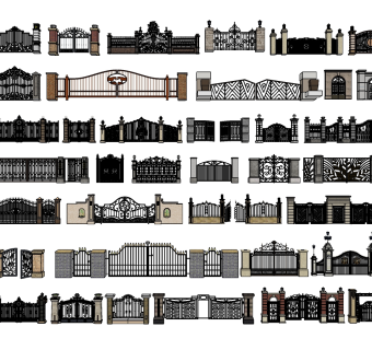 21欧式铁艺大门 入口 围墙 院门 栏杆 护栏 扶手 围栏 铁艺雕花大门 欧式古典大门su草图模型下载