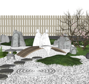 25日式风格庭院景观_景观小品_枯山水庭院景观_禅意景观小品_景观石头_石笼灯_樱花树_石头小路_围栏su草图模型下载