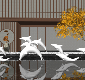 51新中式海豚雕塑水景  景观小品  抽象雕塑  景观雕塑 展示区雕塑 商业街 购物街异形雕塑小品 水景su草图模型下载