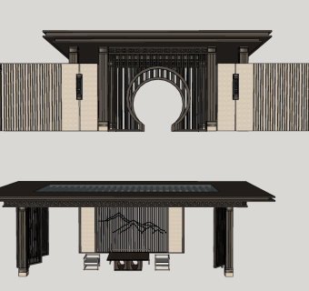 52新中式庭院花园设计 新中式亭子 新中式景墙 新中式别墅院墙 凉亭 别墅区围墙  新中式大门入口 月亮门（1）su草图模型下载