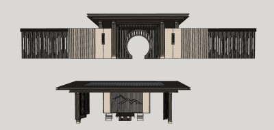 52新中式庭院花园设计 新中式亭子 新中式景墙 新中式别墅院墙 凉亭 别墅区围墙  新中式大门入口 月亮门（1）su草图模型下载