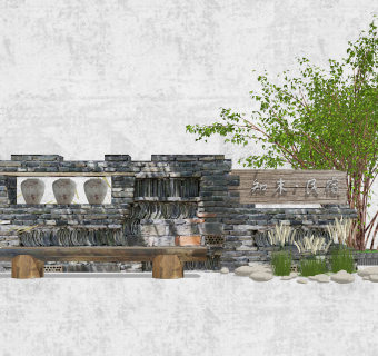 48乡村 景观墙 景墙 装饰墙  园艺小品 标识 民宿景观  中式风格景墙 乡村文化景墙 民俗文化景墙su草图模型下载