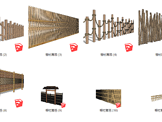 101木栏篱笆 日式竹木篱笆 庭院围栏 木围栏su草图模型...