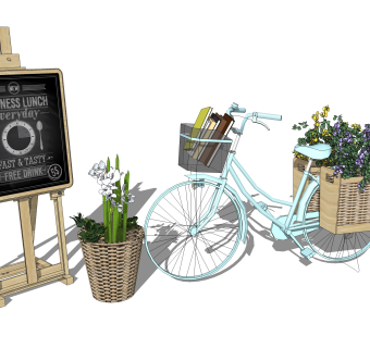 109婚礼婚庆自行车小景 黑板餐牌画架 广告牌 现代花园景观摆件 花篮 自行车 竹编筐su草图模型下载