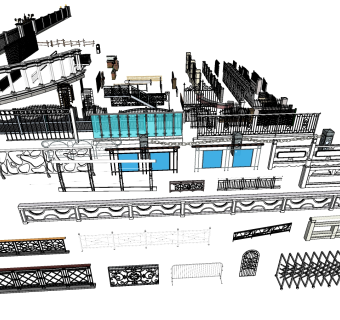 145护栏 现代玻璃栏杆 围栏 扶手 栅栏  现代铁艺护栏  阳台铁艺玻璃护栏 中式栏杆护栏   简欧欧式花园栏杆护栏su草图模型下载
