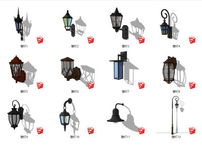 法式铁艺壁灯 金属壁灯 室外灯具 宫灯组合su草图模型下载