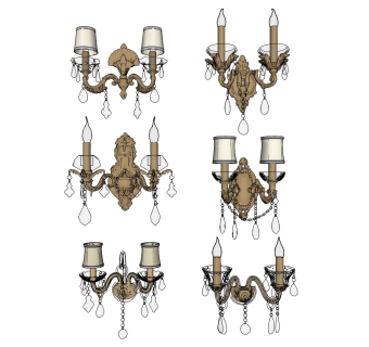 欧式法式简约金属水晶壁灯 烛灯 多头壁灯su草图模型下载