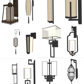 新中式壁灯 原木壁灯 灯具组合su草图模型下载