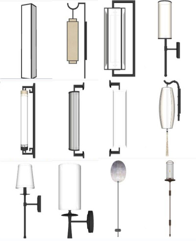 新中式壁灯 原木壁灯 灯具组合su草图模型下载