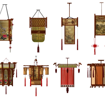 古典原木灯具 装饰灯 山水画灯具宫灯su草图模型下载