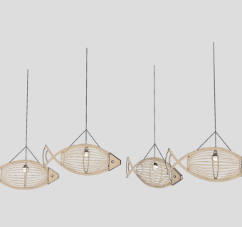 东南亚原木 藤编编织鱼形小吊灯组合 su草图模型下载