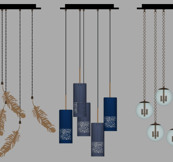 羽毛吊灯 圆形玻璃小吊灯 客厅吊灯组合su草图模型下载