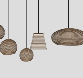 原木吊灯 藤编编织吊灯组合 圆形吊灯  su草图模型下载