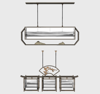 方形多头吊灯 原木吊灯 山脉吊灯 su草图模型下载