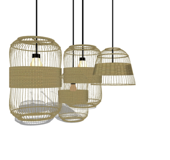 新中式原木吊灯 鸟笼吊灯 圆形灯泡吊灯su草图模型下载