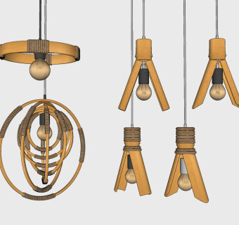 工业风自认风格吊灯 原木吊灯 圆形灯泡吊灯su草图模型下载
