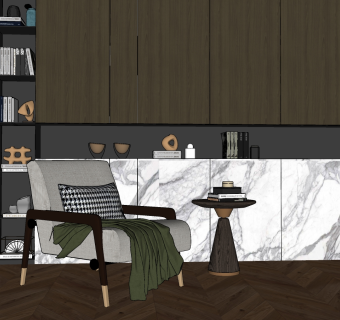 27现代单人沙发 边几组合  沙发椅   现代布艺沙发 单人沙发 休闲沙发 摆件su草图模型下载