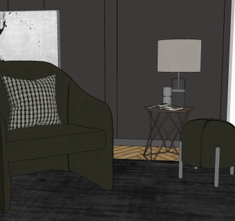 34现代轻奢单人沙发 休闲椅 休闲沙发 北欧沙发 北欧实木布衣单人沙发  角几 落地灯 饰品组合su草图模型下载