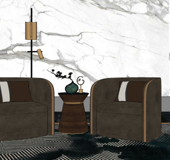 35新中式单人沙发角几落地灯组合 中式实木单人沙发  沙发椅su草图模型下载