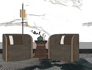 35新中式单人沙发角几落地灯组合 中式实木单人沙发  沙发椅su草图模型下载