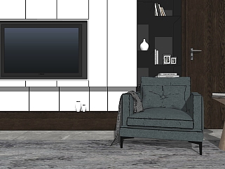 40现代单人沙发 现代布艺沙发 单人沙发 休闲沙发 沙发椅 圆几摆件组合 电视墙su草图模型下载