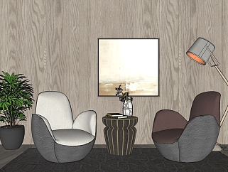 44后现代创意单人沙发 后现代单人沙发 休闲椅 茶几 摆件 盆栽 落地灯 挂画 绿植su草图模型下载